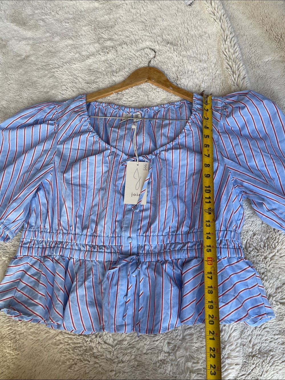 Joie Light Blue Striped Peplum Puff-Sleeve Top in blue & red Size XL - Picture 5 of 6
